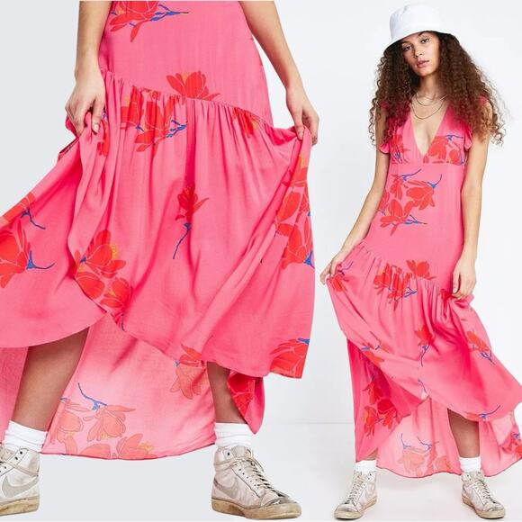 Free People Tropical Hawaiian Hibiscus Hot Pink Floral Maxi Dress Size 0 XS - Picture 14 of 15